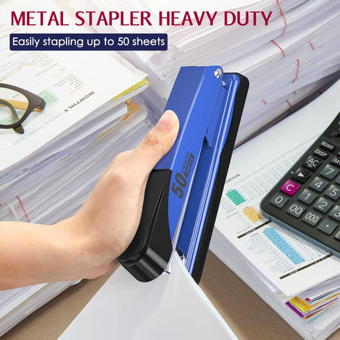Metal Stapler Heavy Duty - 50 Sheet Capacity with 1750 Staples, Blue Full Strip Stapler for Office & Classroom