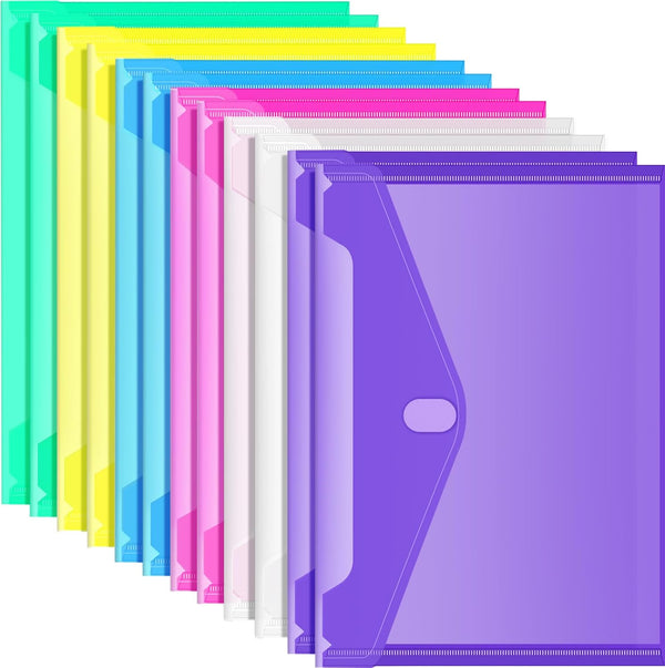 Sooez 12 Pack Plastic Envelopes - Clear Document Organizers, Colored File Folders A4 Size, Waterproof Poly Envelopes