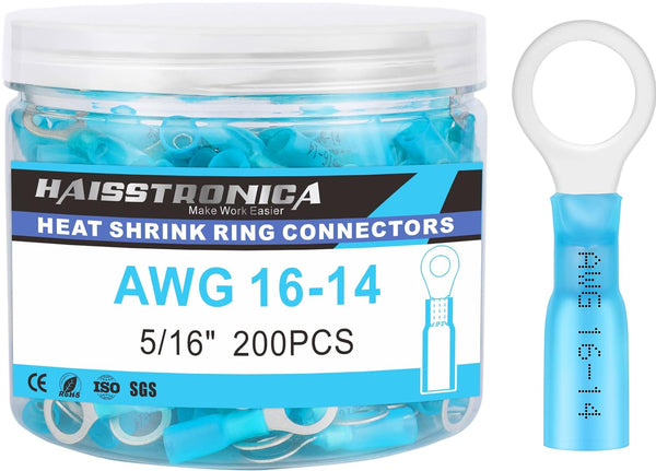 haisstronica 200PCS Heat Shrink Ring Terminals, Marine Grade Wire Connectors for Electrical Crimping