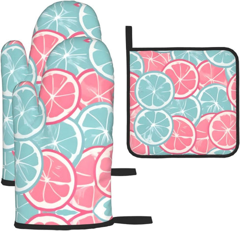 KUZEOLON Pink Blue Citrus Slices Two Heat-Resistant Gloves + one Pot lid mat,