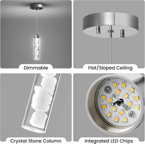 Dimmable 3000K/4000K/5000K Pendant Lights Kitchen Island, Modern Mini Pendant Light Fixtures with Crystal Stone, LED