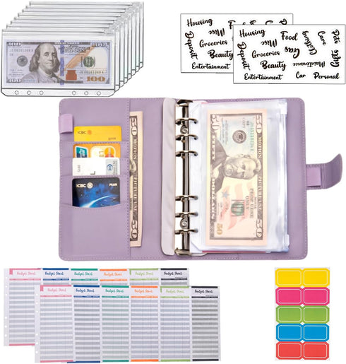 NICOOTH Budget Binder Cash Envelopes A6 Money Saving Binder with Zipper Envelopes (Purple)