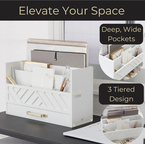 BLU MONACO White Wooden Desk Organizer with Gold Handle - Desk Organizers and Accessories for Home, Office, Classroom
