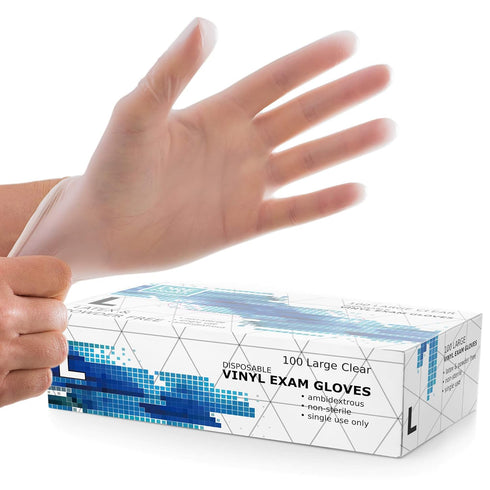 Powder Free Disposable Gloves, Large 100 Pack, Clear Vinyl Medical Exam Gloves