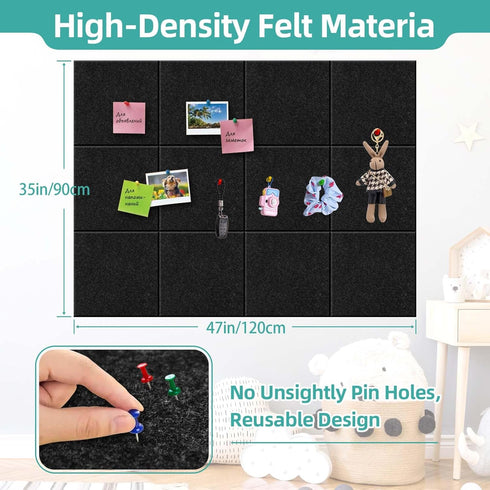 Large Cork Board for Walls, 12 Pack Black Felt Wall Tiles, 47"x35" with Push Pins & Sticky Tabs