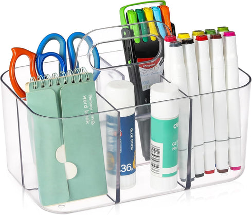 Multiuse Caddy Organizer with Handle, Portable Divided Plastic Tote Bin - Art Craft, Stationary Pen Marker Crayons