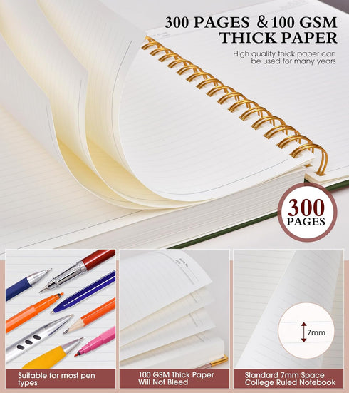 Spiral Notebook Journal 8.5” x 11”, 300 Pages Hardcover Leather Lined for Women Men, Olive Green