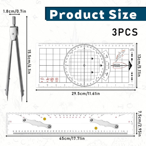 Xosjska 3 Set, 16 Inch 6 Inch Pcs Basic Navigation Include Parallel Ruler with Brass Arms Nautical Protractor
