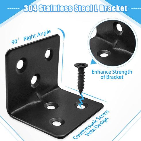 28 168 Black L Corner Brackets + Stainless Steel Screws, Heavy Duty Angle Brackets for Shelves, Raised Beds, Tables