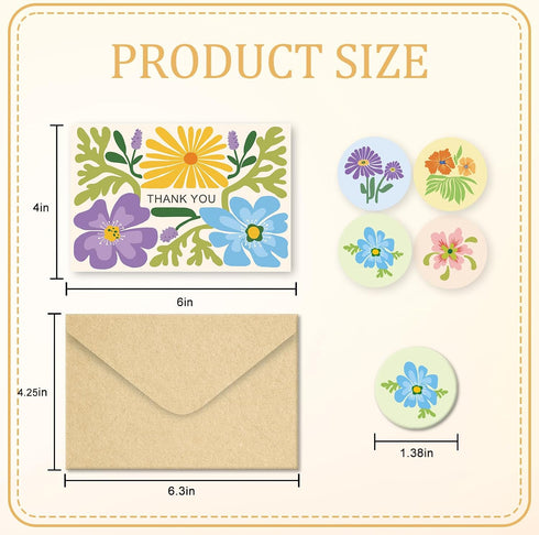 Bablira 24 Pack Thank You Cards with Envelopes, Blank Floral Greeting Cards Bulk for Teachers, Coworkers, Friends