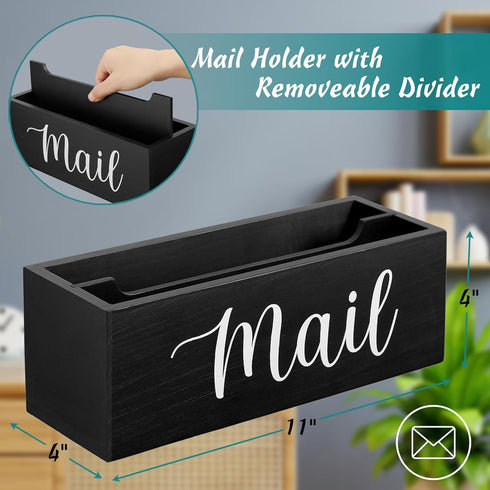 DRASTAR Mail Organizer, Mail Holder with 2 Slots, Wood Desk Mail Organizer, Black Envelope Holder for Home Office Decor