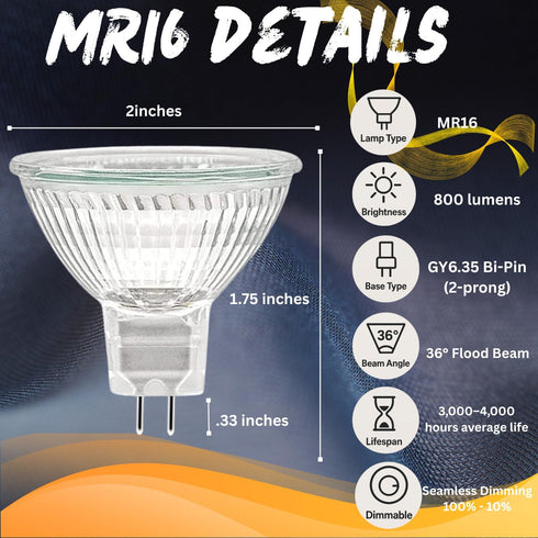 Ark Lighting 50W 12V MR16 2 Bulb, 50W GY6.35 4100K EXN Flood Light -Incandescent | Prong Light Brightness, Bi-Pin