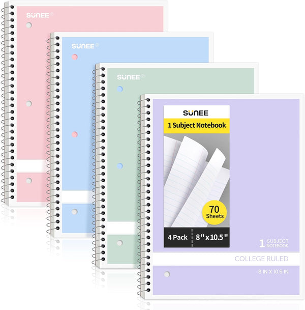 SUNEE Spiral Notebooks, College Ruled, 1-Subject, 4 Pack, 8 x 10-1/2 in, 70 Sheets, Pastel Colors for School, Office