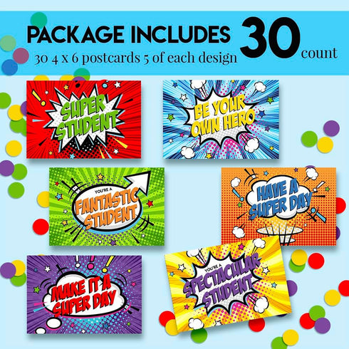 Super Student Superhero Themed Blank Postcards for Students from Teachers, 30 Total 4"x6" Fill In Notecards (5 of each