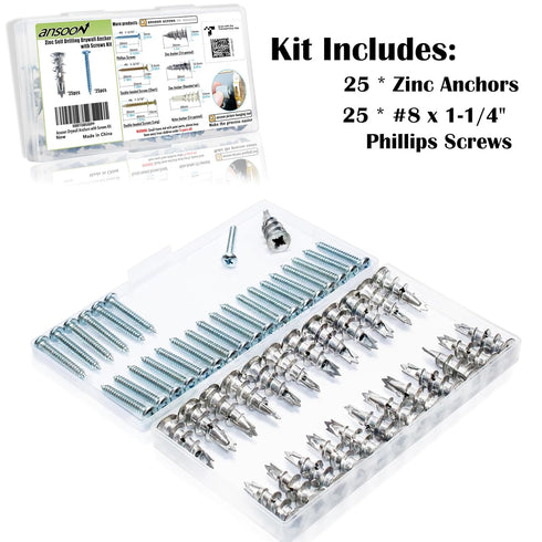 Zinc Self-Drilling Drywall Anchors with Screws Kit, 25 Heavy Duty Anchors & Screws, 50 Pieces