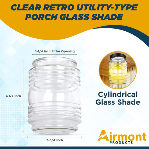 3-1/4" (1-Pack) AP-10501 Fitter Clear Jelly Jar Porch Glass Shade, Clear Cylindrical Replacement Glass for Wall Sconce