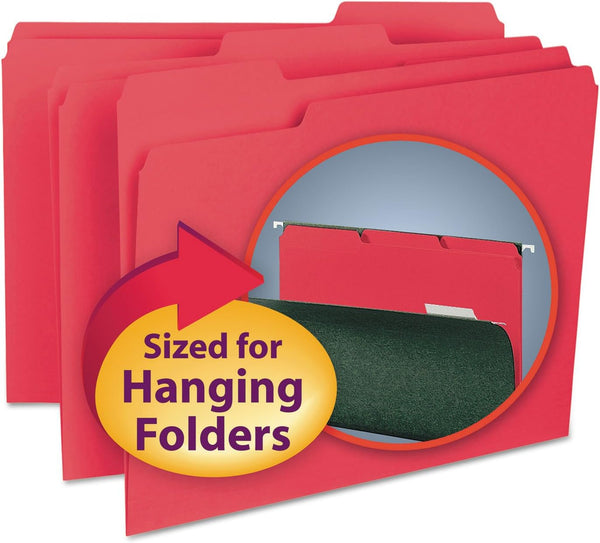 Smead Interior File Folder, 1/3-Cut Tab, Red, Letter Size, 100 per Box