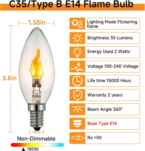 C35/Type E14 Bulb, 2W 1800K Non-Dimmable, 2-Pack B LED Flame Effect Candle Warm White Flickering Fire Flame, Ideal