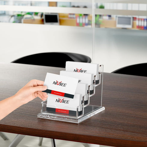 NIUBEE Clear Business Card Holders, 4 Tier Acrylic Display for Business Cards, 4 Slots, 300 Card Capacity, 1 Pack