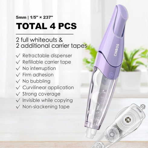 Refillable Retractable White Out Correction Tape, 4 PCS with 2 Extra Refills for Office Supplies