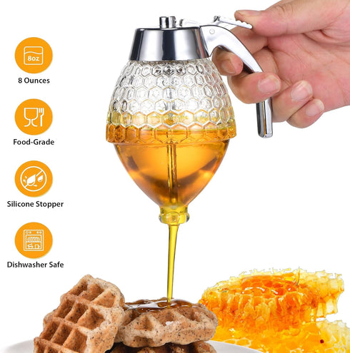 ANABIUP 8 Glass Honey Dispenser Ounces - Drip-Free Honey Jar With Glass Stand, Kitchen Leak-Proof Syrup Dispenser