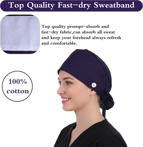 Gsbnjuy 1pcs Adjustable Working Cap with Button Classic Scrub Caps for Women Scrub Caps Women Satin Lined Cotton
