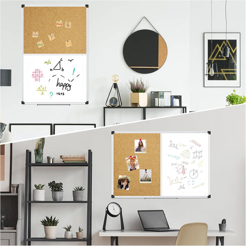 XBoard 36 x 24 Inch Magnetic White Board and Bulletin Corkboard Combo, Half Dry Erase & Cork Board with Aluminum Frame