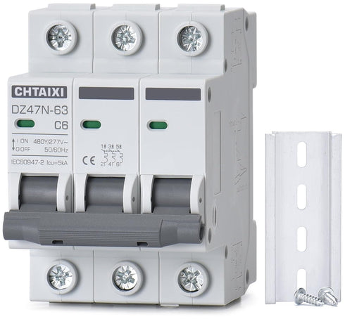 AC Miniature Circuit Breaker, 6 Amp 480V 3 Pole DIN Rail Mount Circuit Breaker, Thermal Magnetic Trip