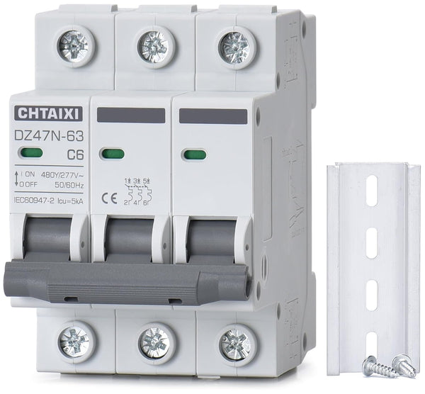 AC Miniature Circuit Breaker, 6 Amp 480V 3 Pole DIN Rail Mount Circuit Breaker, Thermal Magnetic Trip