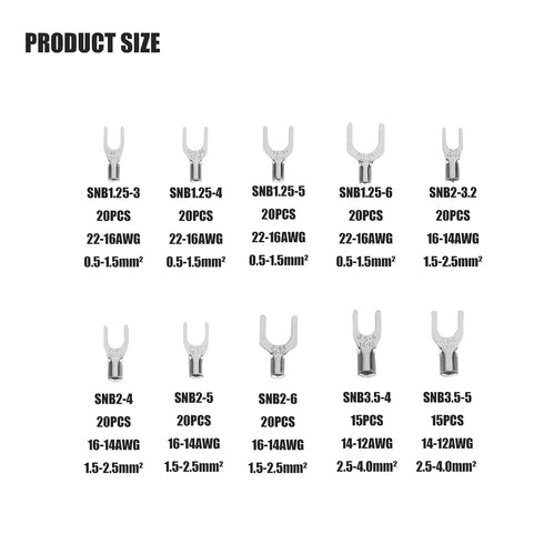 250pcs Non-Insulated Fork Terminals, Copper Fork Wire Connectors Terminals, AWG 22-16 16-14 14-12 12-10 Crimp Fork End Terminal, Tin-Plated Wire Lugs Battery Cable Terminals