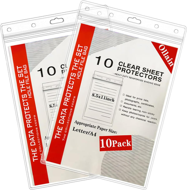 Ollain 10 PCS Waterproof Page Protectors, Resealable Zip Paper Sheet Protectors Clear Hard Plastic Sleeves, 8.5" x 11"