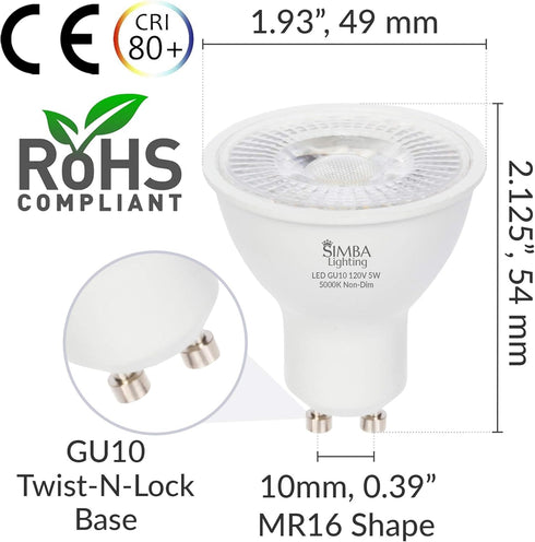 Simba Lighting LED GU10 5W Non-Dimmable Spot Light Bulb (6 Pack) Halogen 50W Replacement MR16 Shape for Accent, Recessed, Track Lighting, 38 Beam, 120V, Twist-N-Lock Bipin Base, 5000K Daylight by Simba Lighting