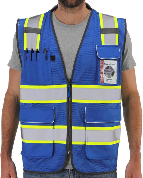 Reflective Safety Vest, Blue Mesh, High Visibility with Pockets and Zipper, Padded Neck, Blue with Yellow Trim