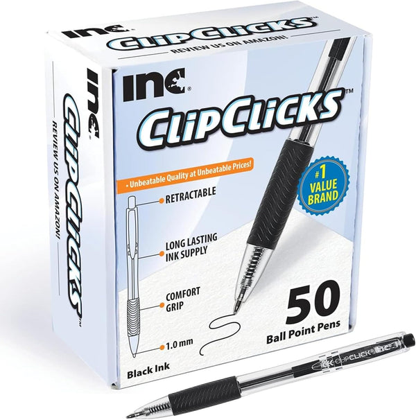 Inc. ClipClicks Retractable Ballpoint Pens, 50 Count, 1.0-mm Medium-Point Pen Set with Comfort Grip for School