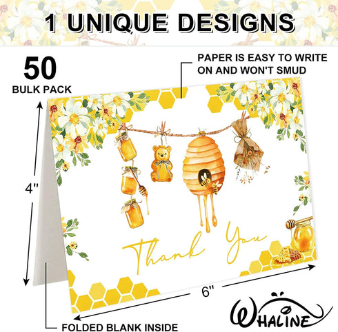 50 Pack Summer Whaline Little Honey Bee Baby Shower Thank You Cards Boxed Yellow Bear Greeting Cards with Envelopes