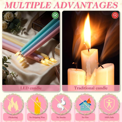 24 11'' Baquler Pcs Pastel Flameless Taper Candles Colorful LED Candle Sticks Colored Battery Operated Candle Pink
