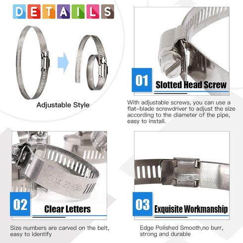 Glarks 120Pcs 304 Stainless Steel Hose Clamps Assortment Kit, Adjustable 8-44mm Worm Gear Clamps for Plumbing,