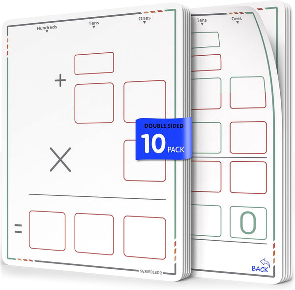 SCRIBBLEDO Multiplication Math Practice, 9”x12” Small White Board, Dry Erase Sheets for 3rd Grade Classroom Pack