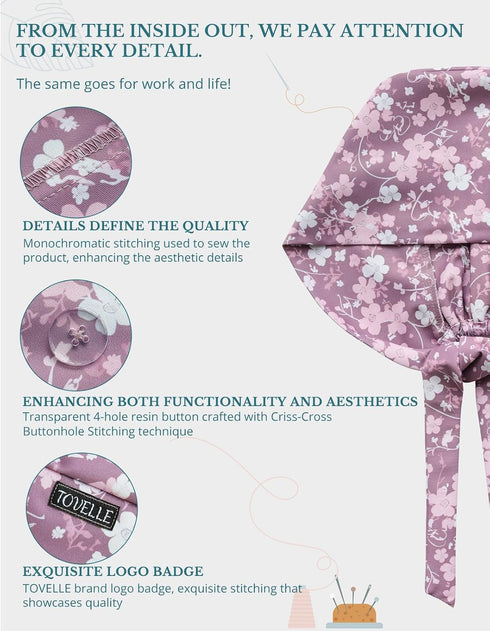 Pink Series Florals Double-Sided Printed Scrub Caps for Women with Buttons, Adjustable Helps Reduce Static Buildup