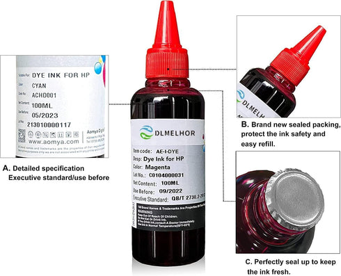 Refill Ink Kit for HP 61 60 62 63 950 902 564 920 901 940, 100ML x4 Bottles with Syringe, 1 Black, 1 Cyan, 1 Magenta