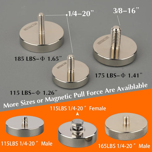 4PCS 1/4''-20 Stud,185lbs 1.65 MUTUACTOR Super Power Neodymium Round Magnet Base with Male Threaded Anti-Broken