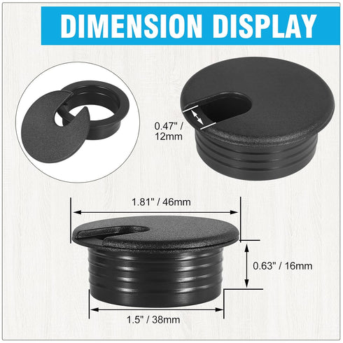 JTemgle 1-1/2" Grommet, 2 Black Desk Plastic Cable Hole Cover Computer Table Cord Wire Organizer Caps Desktop Cord