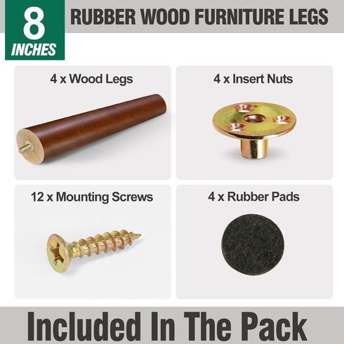 FoDau770 8 Inches, Set 4, 5/16" Brown Rubber Wood Furniture Legs Slant Tapered Wood Feet Mid Century Sofa Legs of UNC