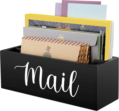 DRASTAR Mail Organizer, Mail Holder with 2 Slots, Wood Desk Mail Organizer, Black Envelope Holder for Home Office Decor