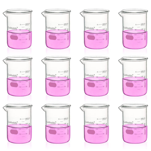 Heavy Duty Glass Beakers Set, 12 pcs of 250ml Thick-Walled, 3.3 Boro Griffin Low Form with Graduation