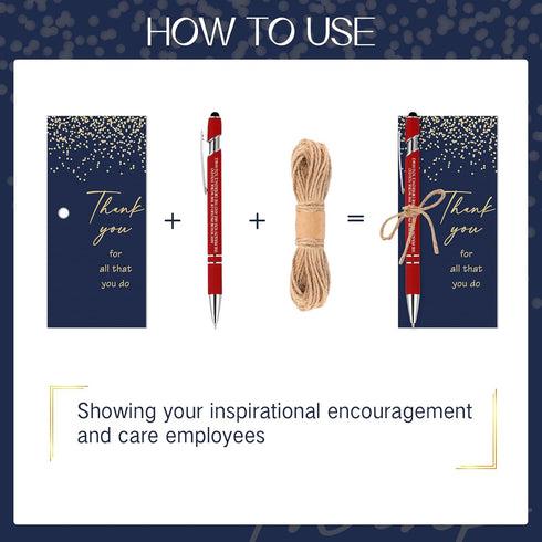 Qilery Employee Appreciation Pens, Black Ink Metal Inspirational Ballpoint with Stylus Tip, 48 Set with Thank You Cards