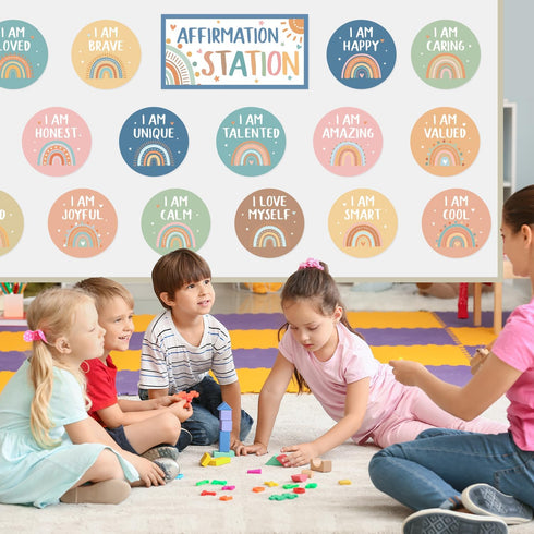 Boho Affirmation Station Bulletin Board Set, Rainbow Classroom Decor with Positive Mirror Growth Mindset Posters