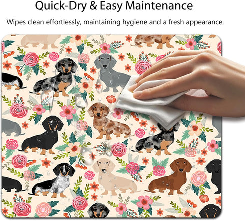 Dachshund Sausage Dogs Puppies Pink Flowers Print Art Gaming Mouse Pad, Cute Colored Floral Design Print Art