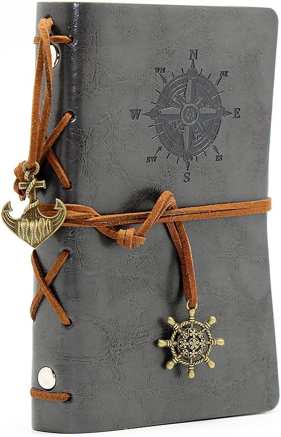 EvZ Leather Writing Journal Notebook, 5 Inches, Vintage Nautical Spiral Blank Diary, Grey