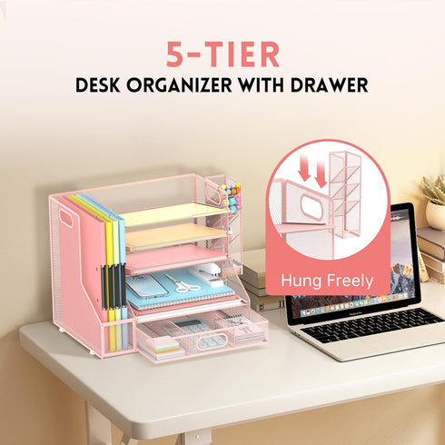 DALTACK Mesh Desk Organizer, 5-Tier Paper Letter Tray with File Holder, Pen Holder & Sliding Drawer for Office Supplies
